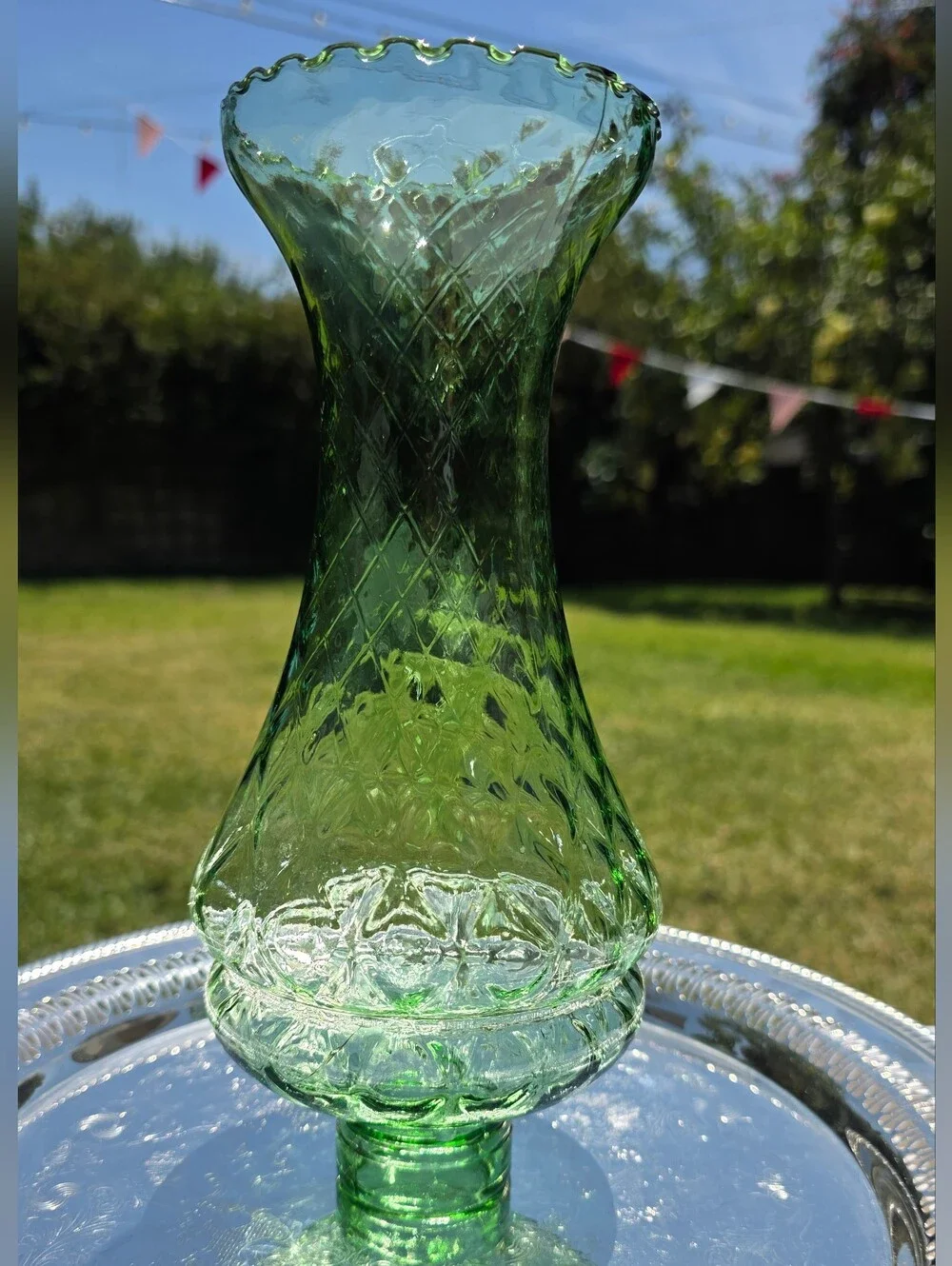 Vintage Emerald Green Glass Hurricane Lamp Shade Diamond Pattern Piecrust